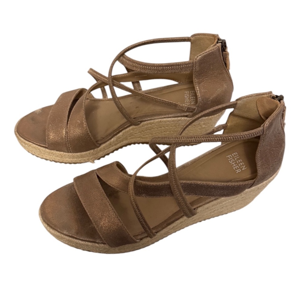 EILEEN FISHER “Wanda” Champagne Metallic Suede Espadrille Size 9 - Picture 4 of 5